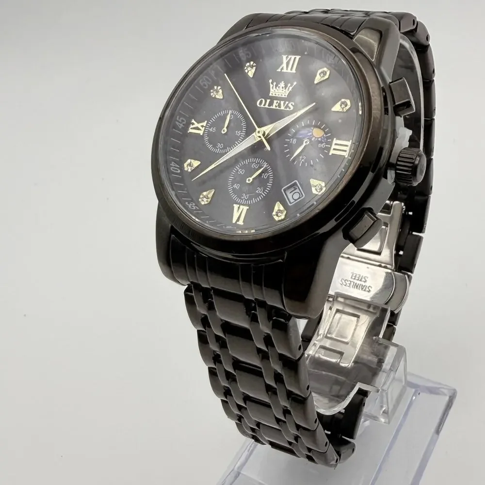 Sleek OLEVS 2858 Men's Black Stainless Steel Chrono Watch - New Battery!
